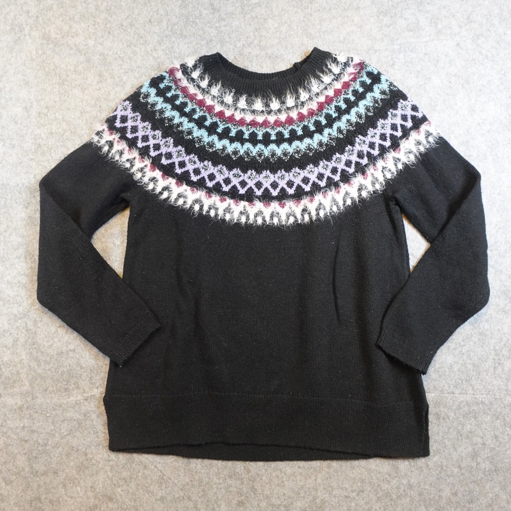J Jill Sweater Women Small Black Fair Isle Eyelash Knit Nordic‎ Pullover Top